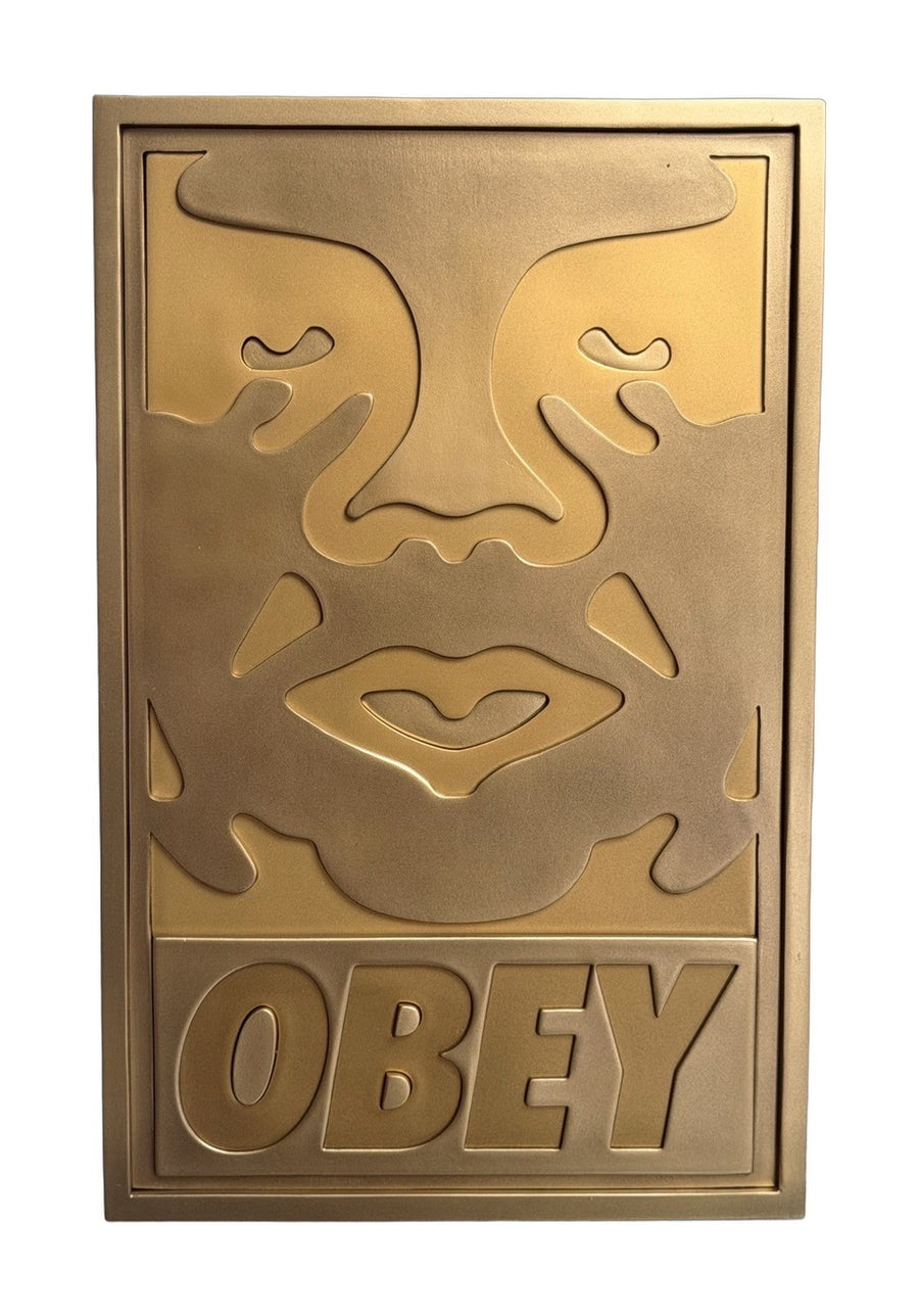 Shepard Fairey OBEY Giant Icon Face 3D Gold Relief Plaque Sculpture New in Box