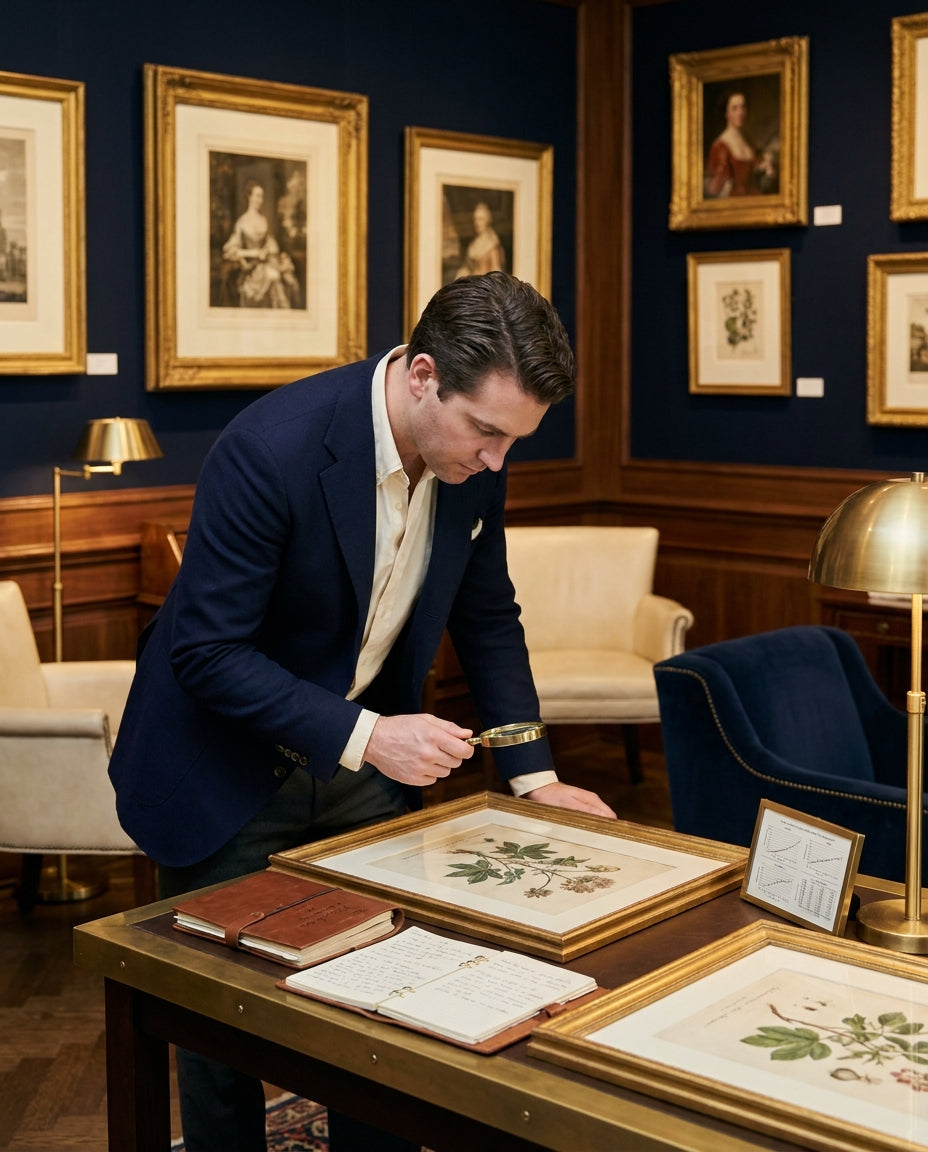 Collector evaluating framed art with market notes