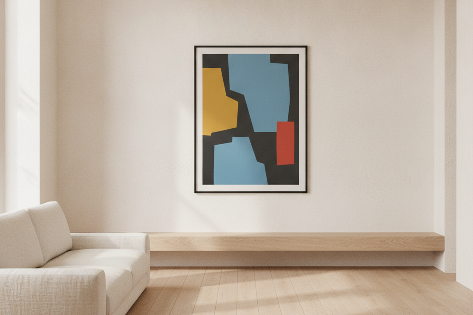 A pared-back minimalist living room anchored by one bold color-blocked contemporary art print in a thin frame.