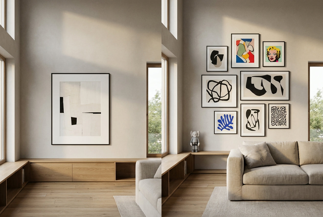 A modern living room shown two ways: one large statement artwork on a minimalist wall versus a curated gallery grouping of smaller framed prints with a designer collectible figure.