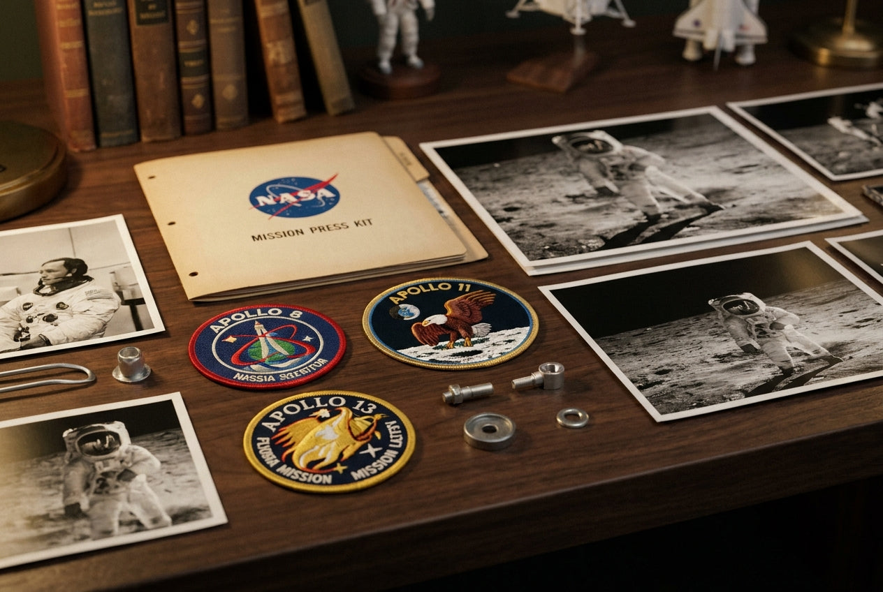 Apollo-era space memorabilia collector display with NASA mission patches, photographs, a press kit, and hardware artifacts
