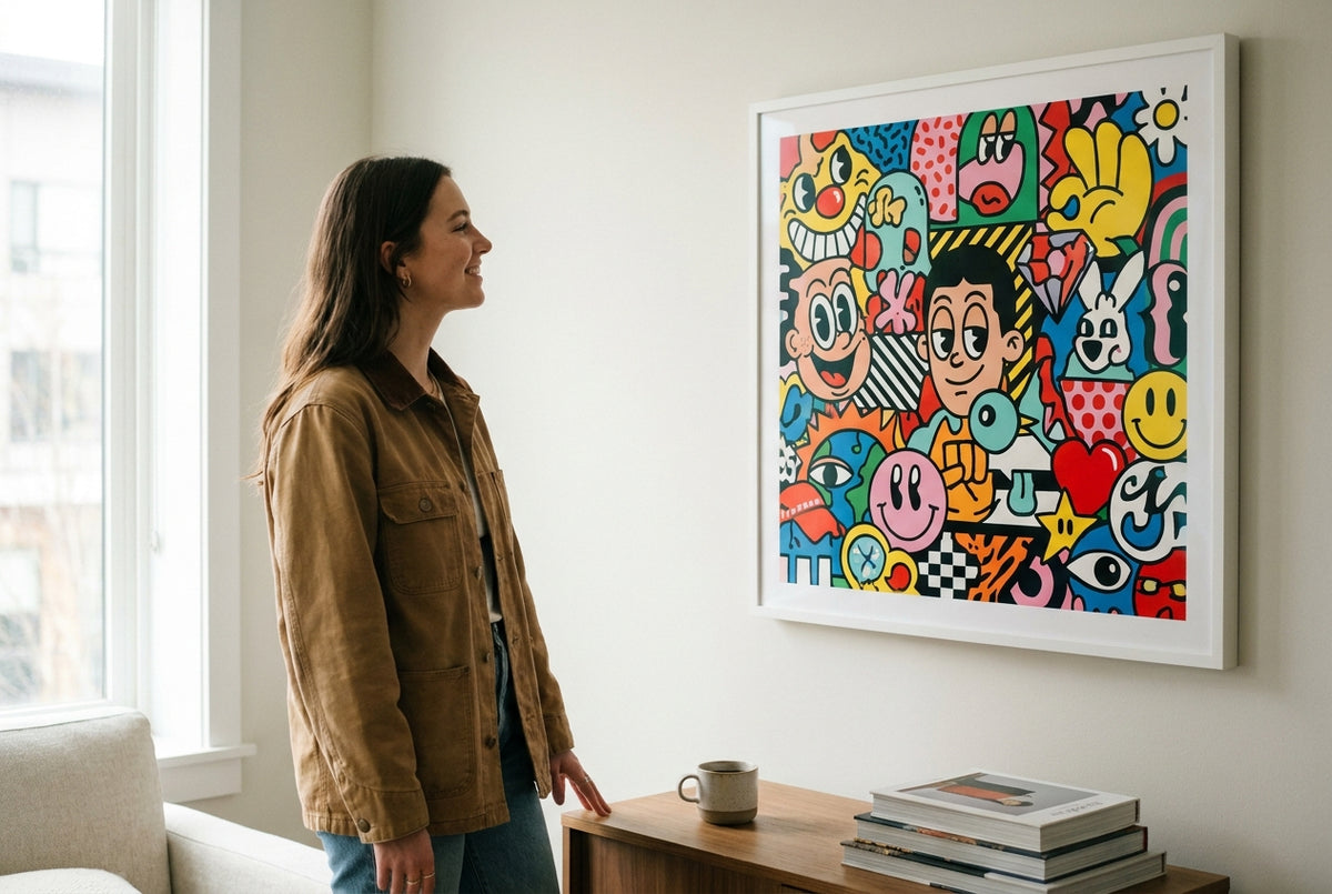 A first-time collector admiring a framed contemporary pop-art print in an elegant room