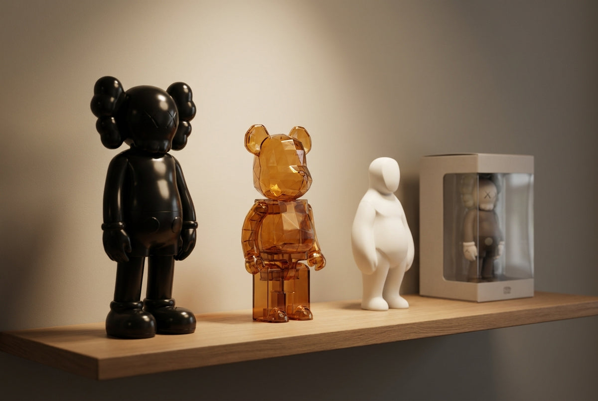 An elegant gallery shelf displaying designer art toys and vinyl figures including KAWS and BE@RBRICK style collectibles
