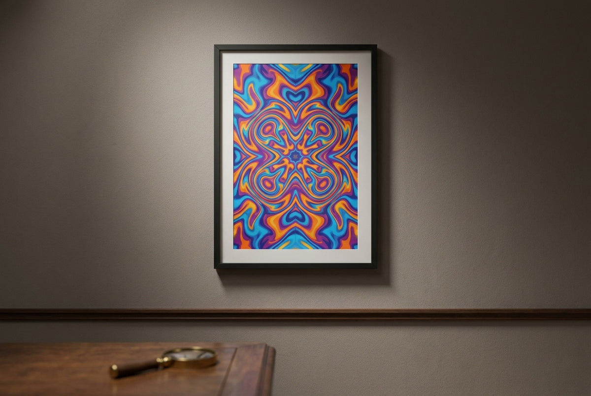 Vintage 1960s psychedelic music portrait poster framed on an elegant gallery wall