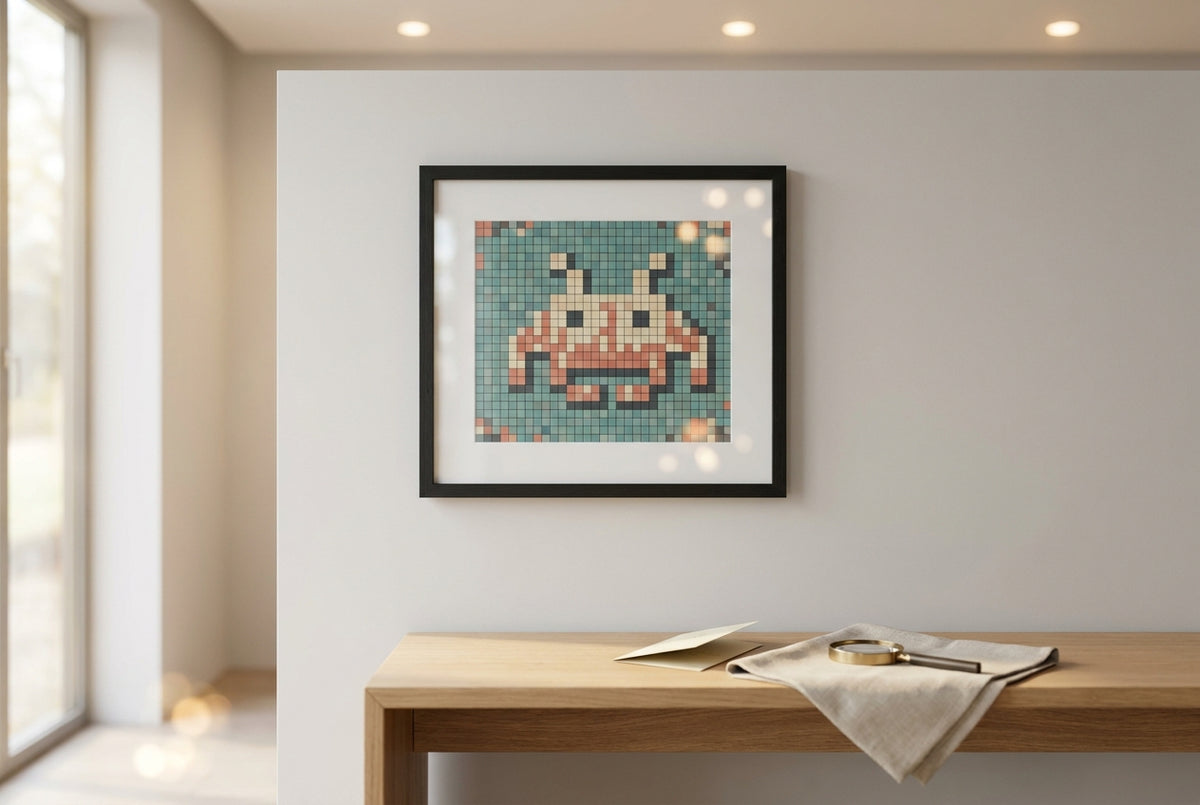 Framed Invader-style pixel mosaic print with certificate of authenticity and loupe in a refined gallery setting
