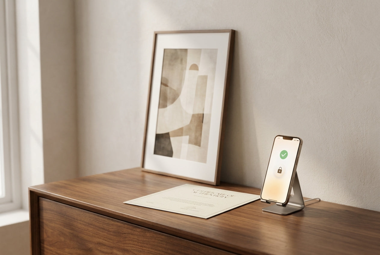 A framed contemporary art print, a printed certificate of authenticity, and a smartphone showing a digital verification with a green checkmark and lock icon on a walnut console.