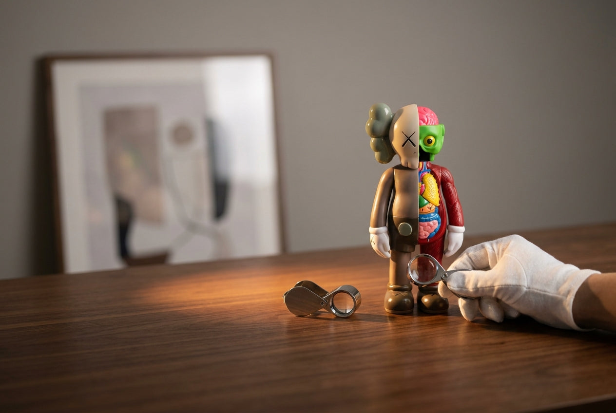 KAWS Dissected Companion figure under a jeweler's loupe and gloved hand in an authentication studio