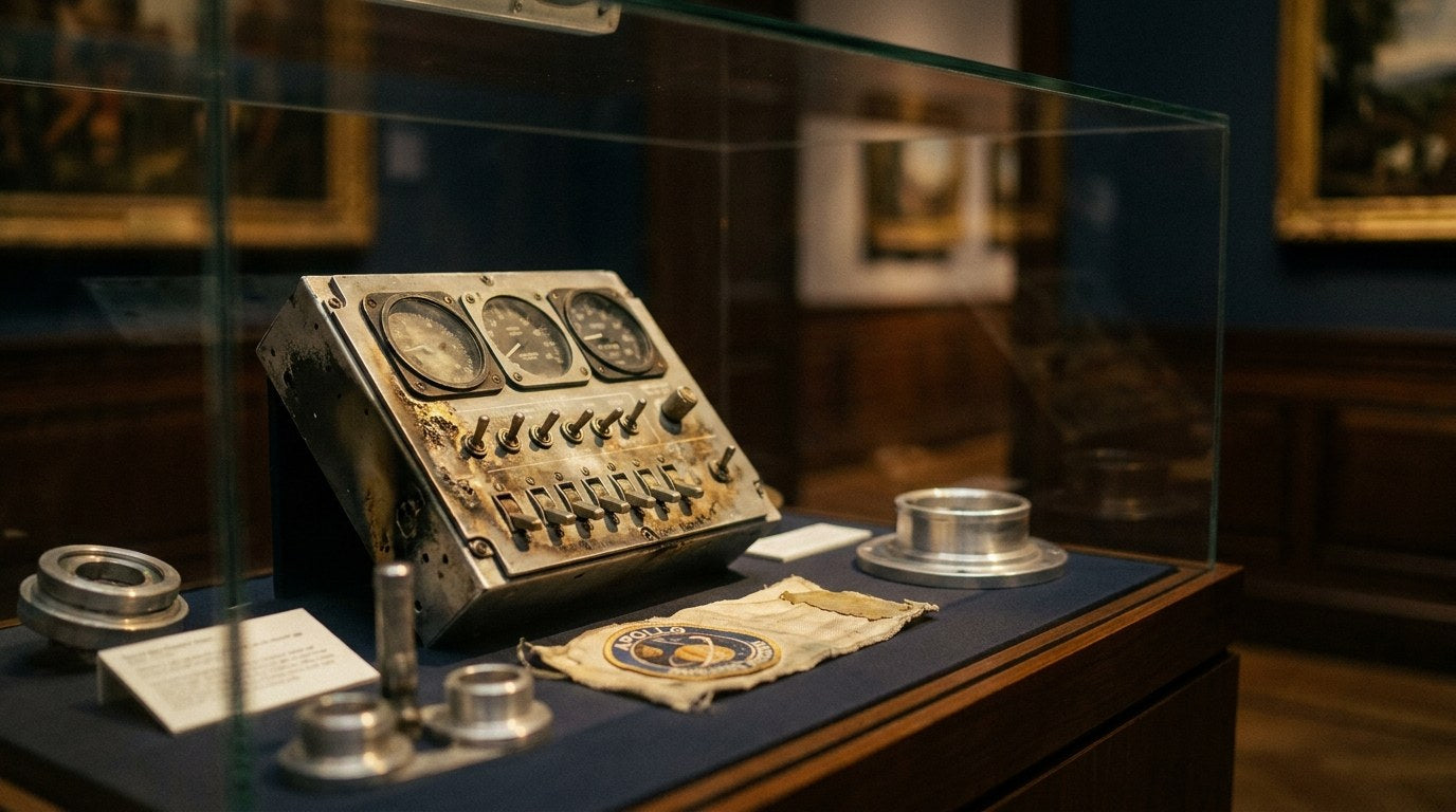 Apollo-era spaceflight hardware and a mission patch displayed in a museum vitrine