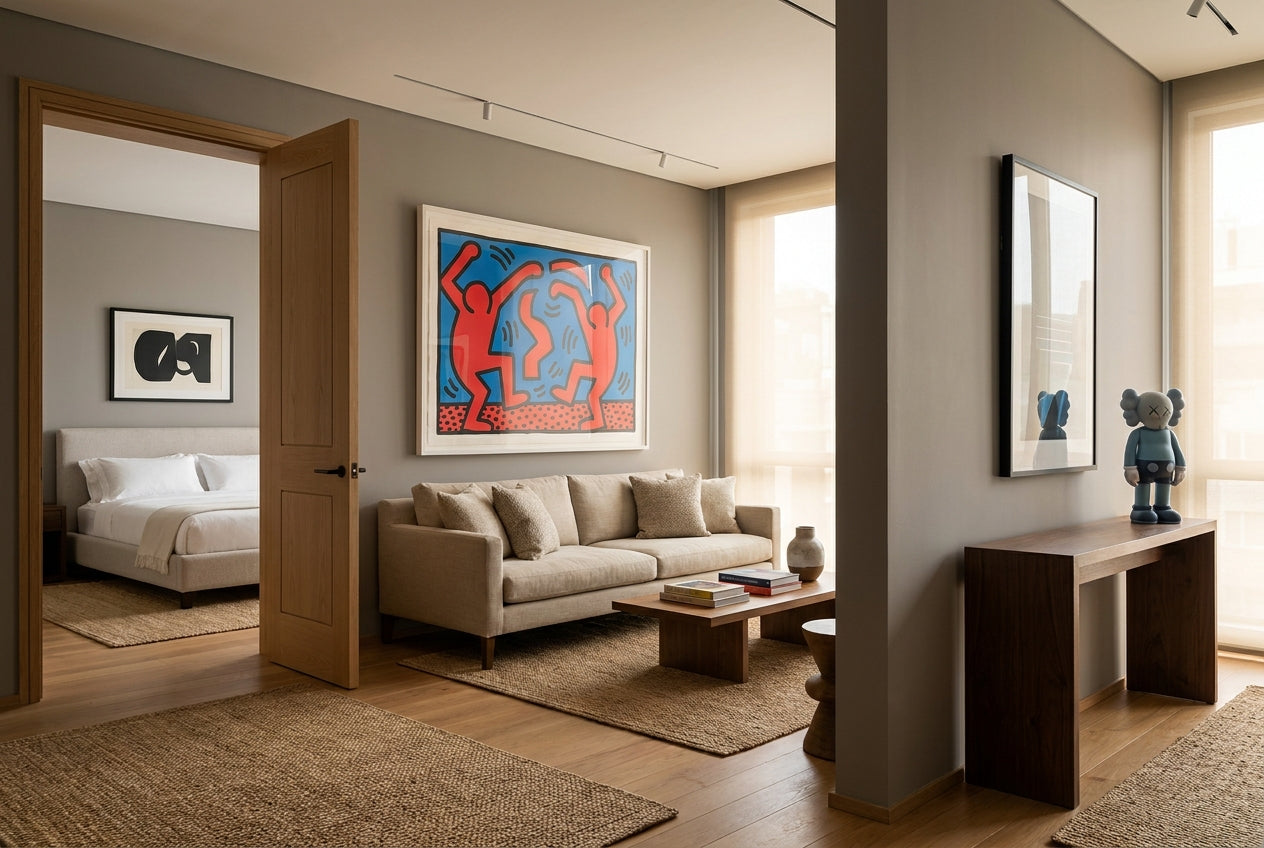 An elegant modern home interior with authenticated framed art in the living room, bedroom, and entryway
