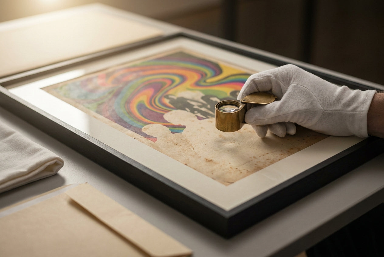 Gloved collector inspecting a vintage psychedelic concert poster with a brass loupe
