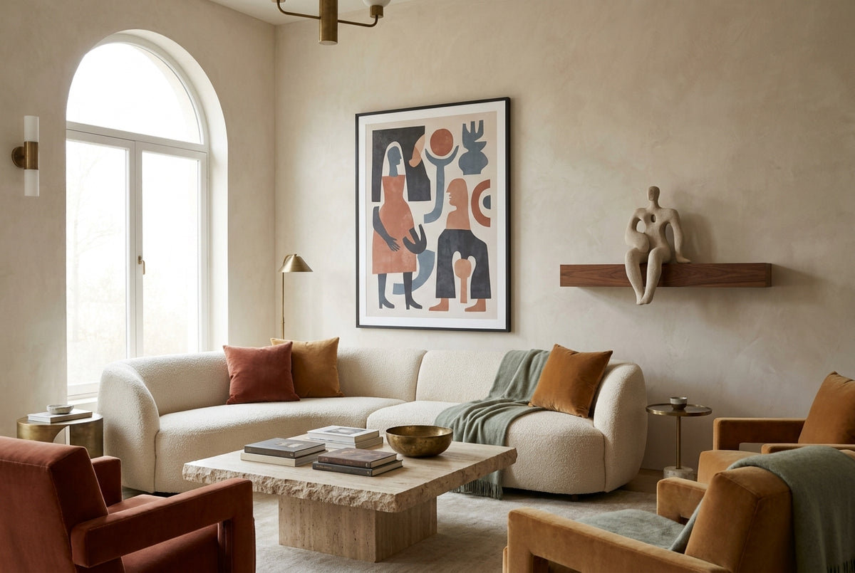 A 2026 trend-forward living room interior with a large framed street pop-art print as the hero piece, a collectible designer figure on a walnut shelf, and warm earthy materials
