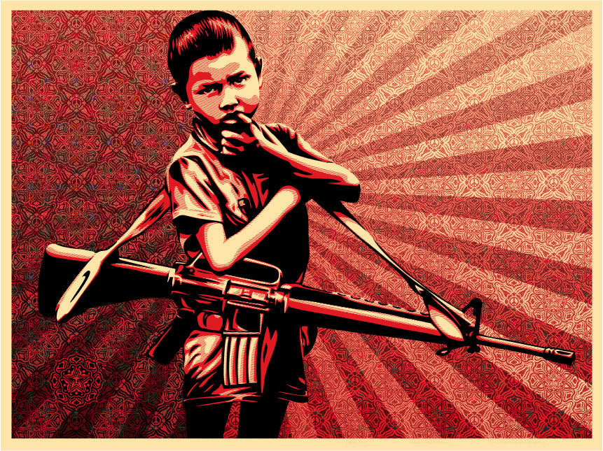 Shepard Fairey Duality of Humanity 5 screenprint — a younger boy with a slung M16, self-soothing hand at his mouth, beneath a radiant halo of peace symbols
