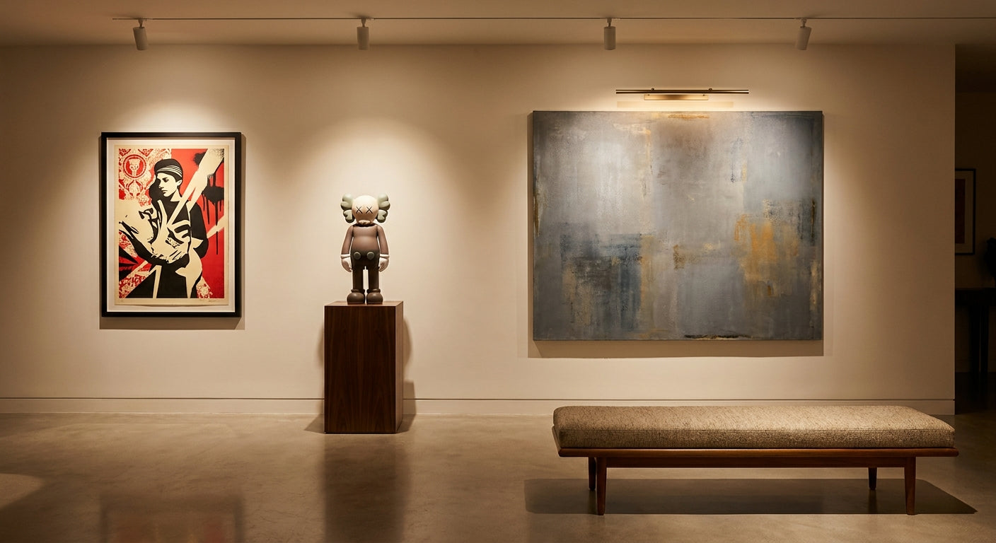 A gallery wall mixing street art and blue-chip contemporary art: a bold red screen print, a designer art figure on a pedestal, and a large muted abstract canvas