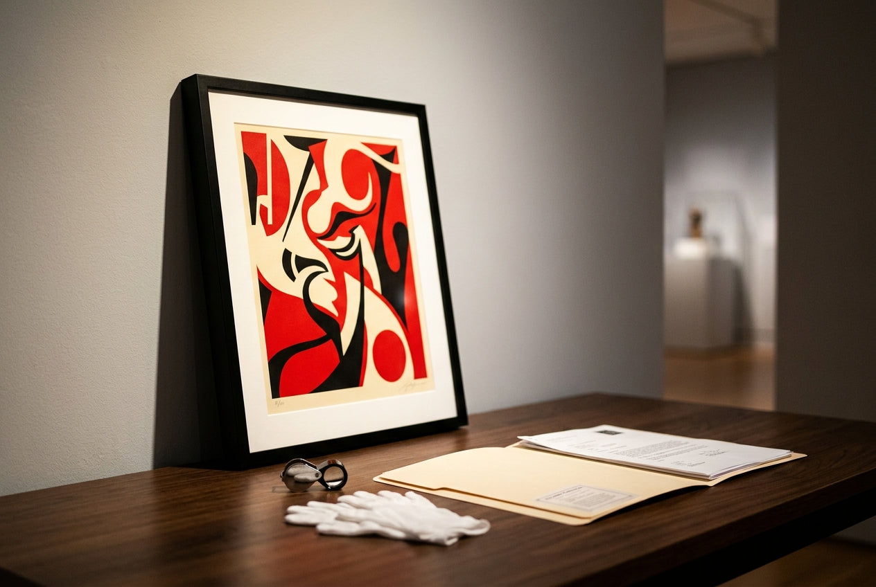 Framed Shepard Fairey-style screen print with a jeweler's loupe, curator's gloves and provenance documents on a gallery table