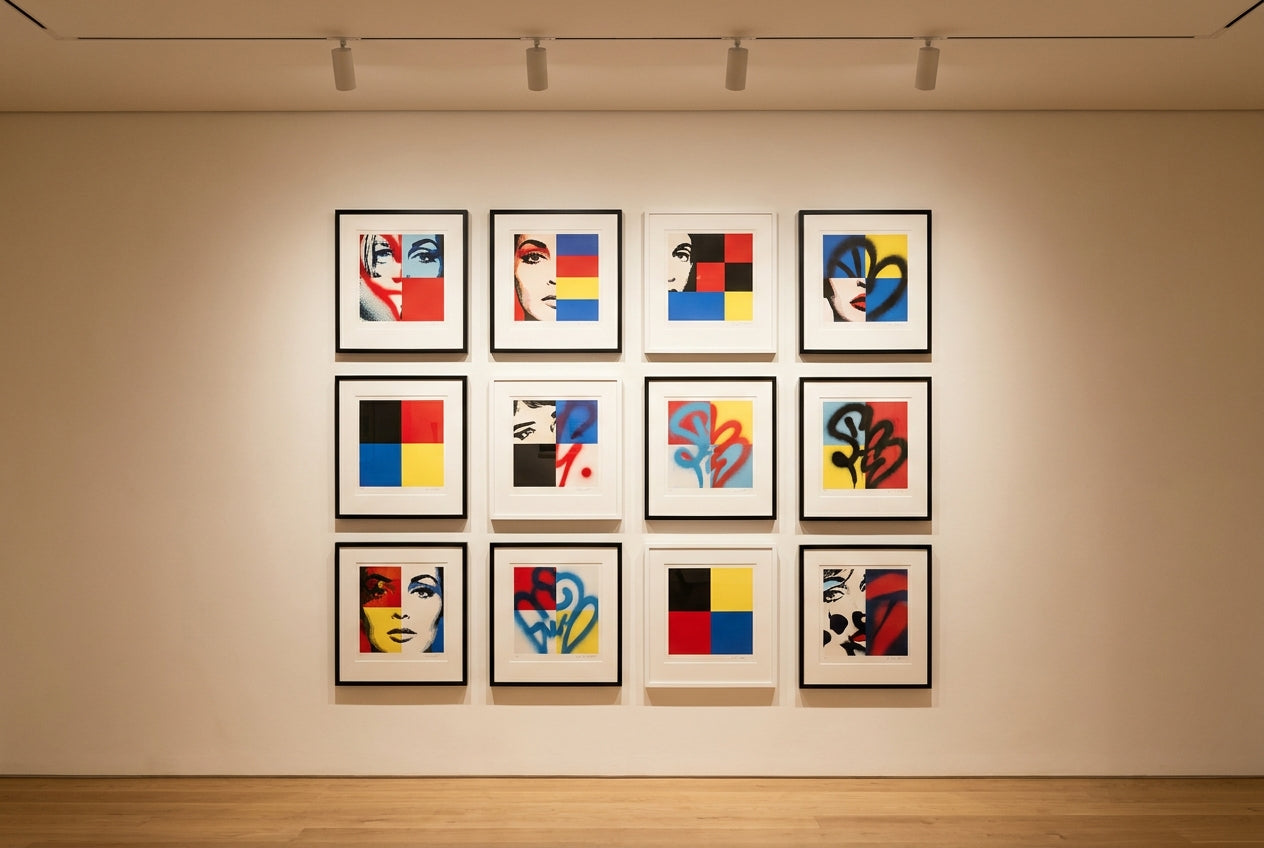 Framed pop art prints displayed in a grid on a gallery wall