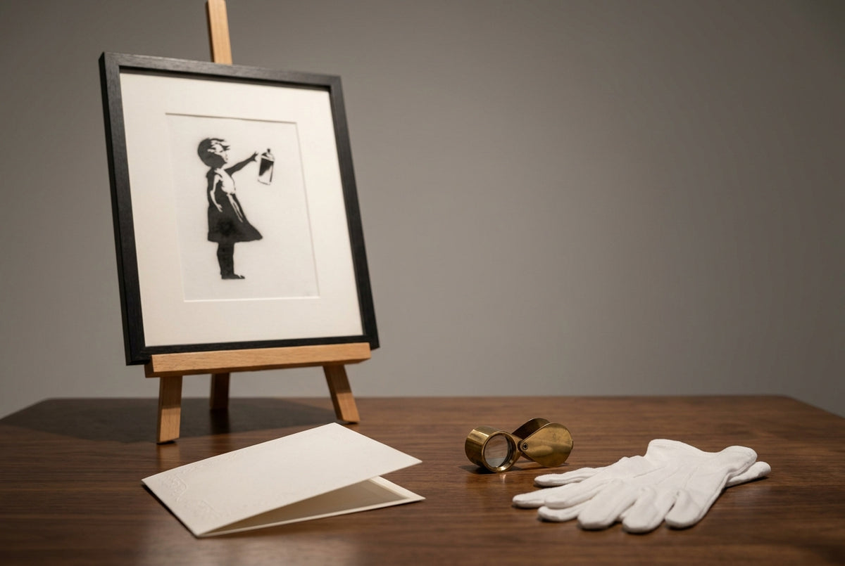 Framed Banksy-style stencil print with a certificate of authenticity and a jeweler's loupe in a gallery setting