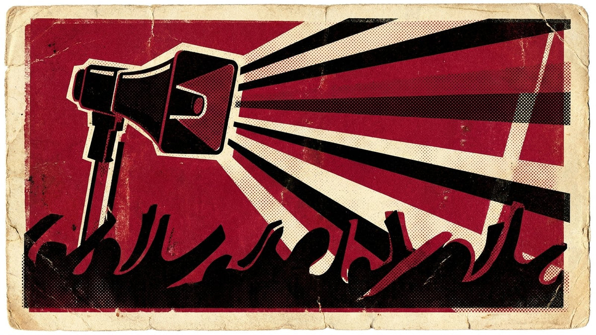 Propaganda-style screen print illustration in crimson and cream evoking Shepard Fairey's Chinese Stencil (The Medium Is The Message), 2000