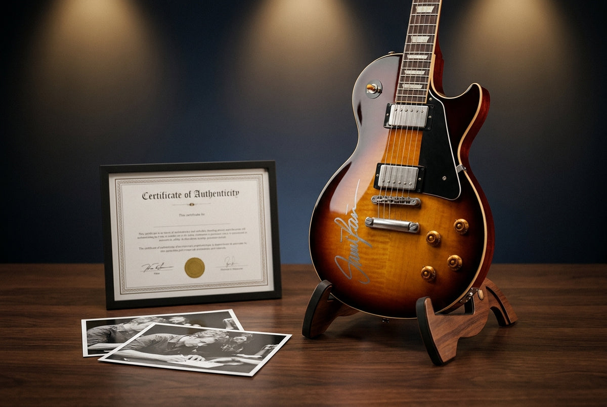 Signed sunburst electric guitar on a stand beside a framed certificate of authenticity and black-and-white signing photographs