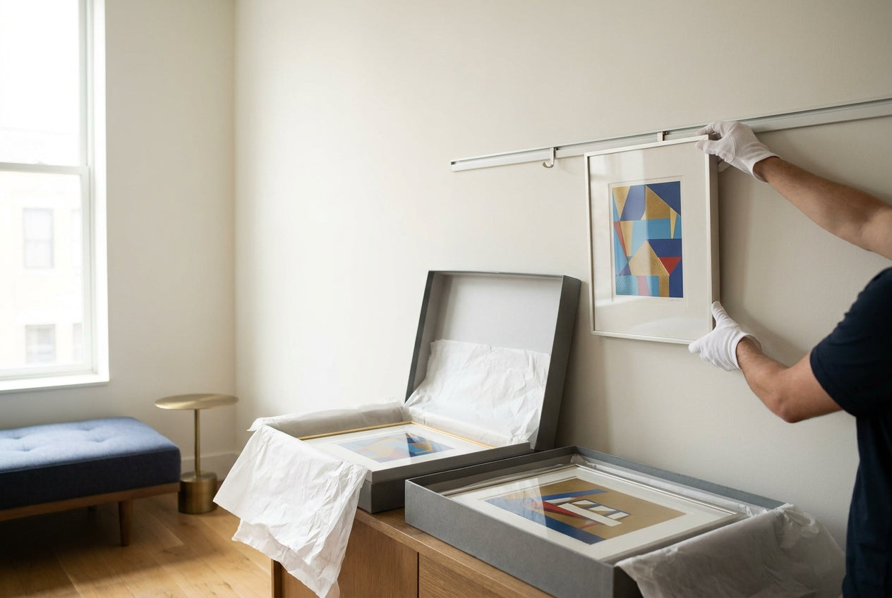 Hands in conservation gloves rotating a framed pop-art print onto a picture-rail hanging system, with archival flat storage boxes holding other framed works nearby