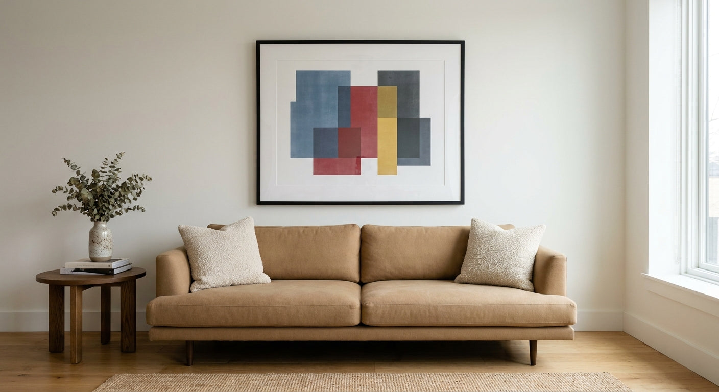 A bold framed abstract statement art print centered above a stylish camel sofa in a modern living room