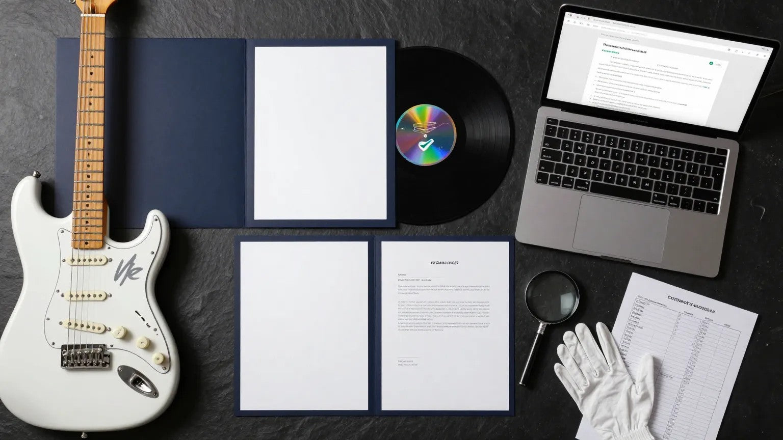 Signed music memorabilia authentication verification desk — guitar, vinyl, COA paperwork, holographic sticker, cert-lookup laptop, magnifier and gloves