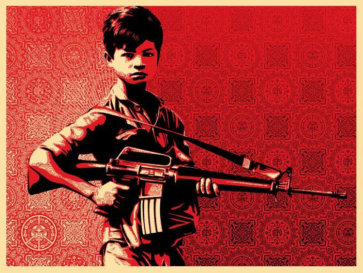 Shepard Fairey Duality of Humanity 4 screenprint — defiant young boy cradling an M16 rifle against a red patterned crosshair ground