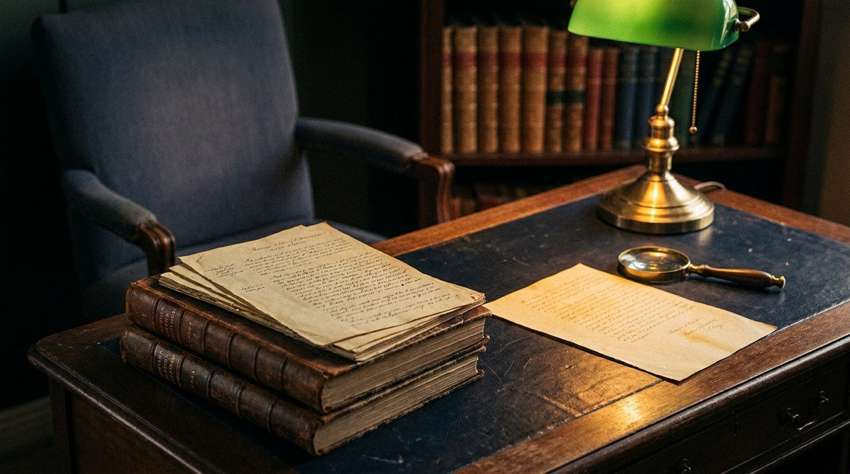 Aged provenance documents and auction catalogues on a collector's desk