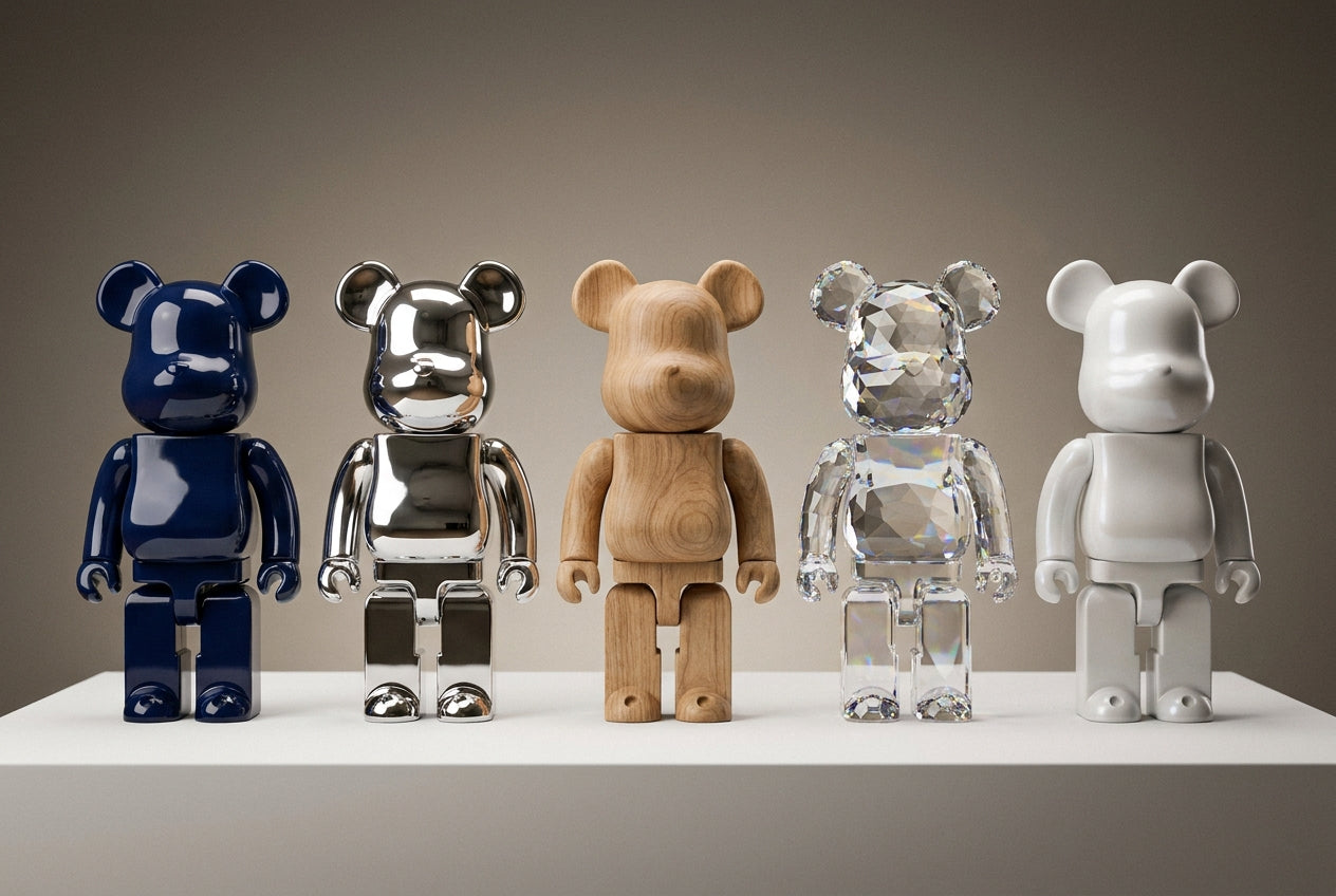 A row of five BE@RBRICK-style collectible figures in vinyl, chrome, wood, crystal, and porcelain finishes on a gallery plinth