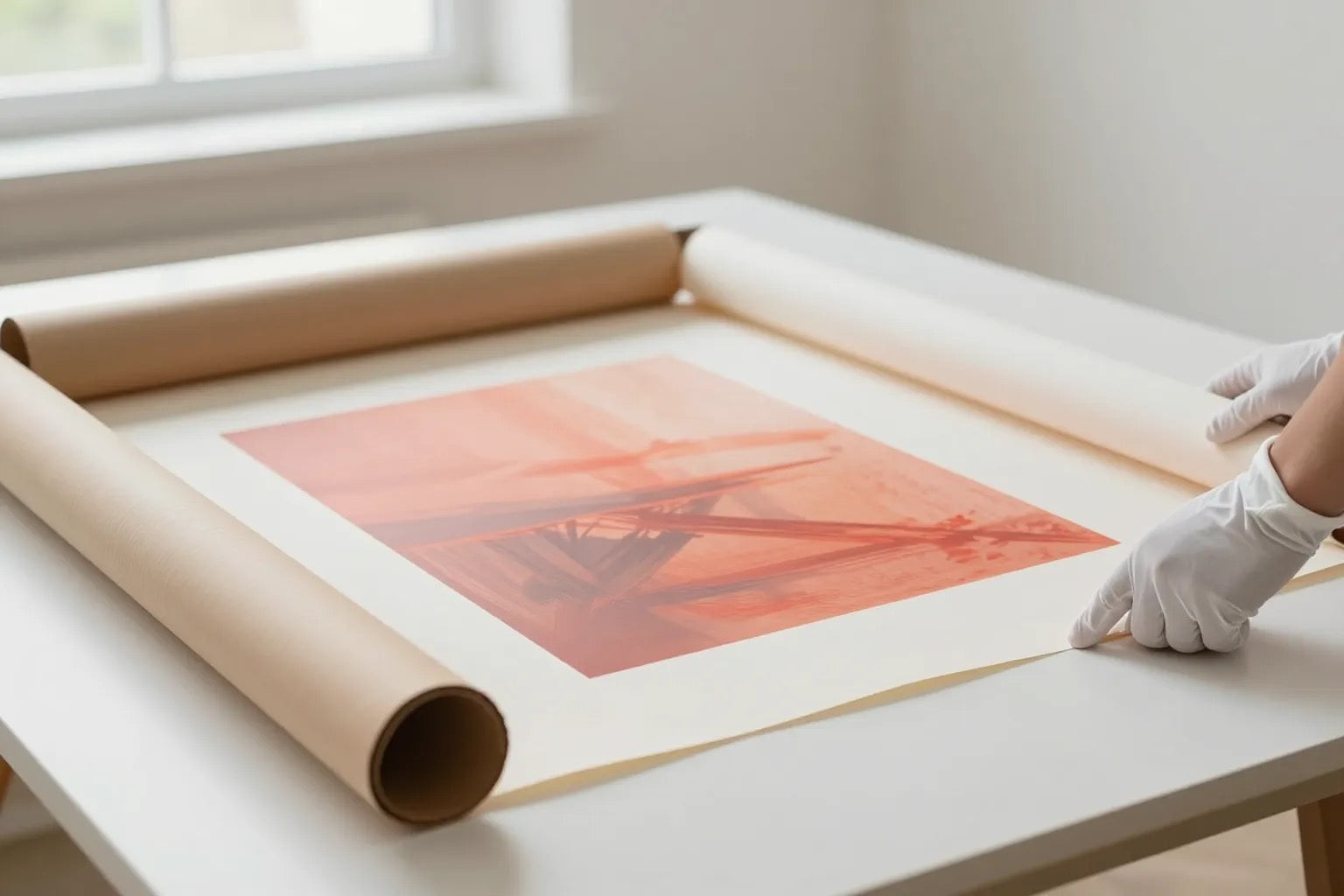 White-gloved hands carefully unrolling a fine-art print from a shipping tube on a clean table