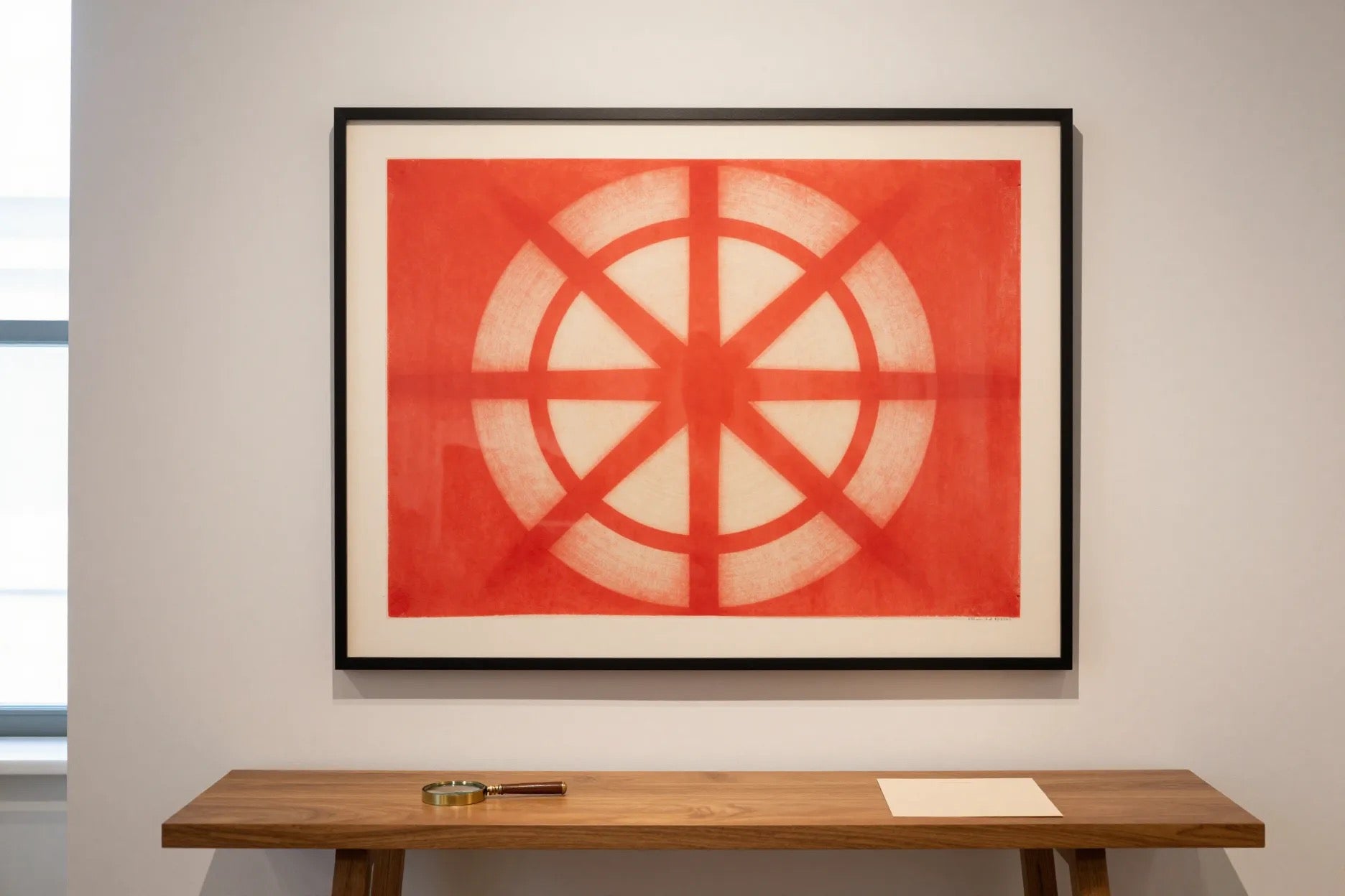 Framed bold red and cream abstract political print in a refined gallery with a magnifying glass and blank card evoking authentication and provenance