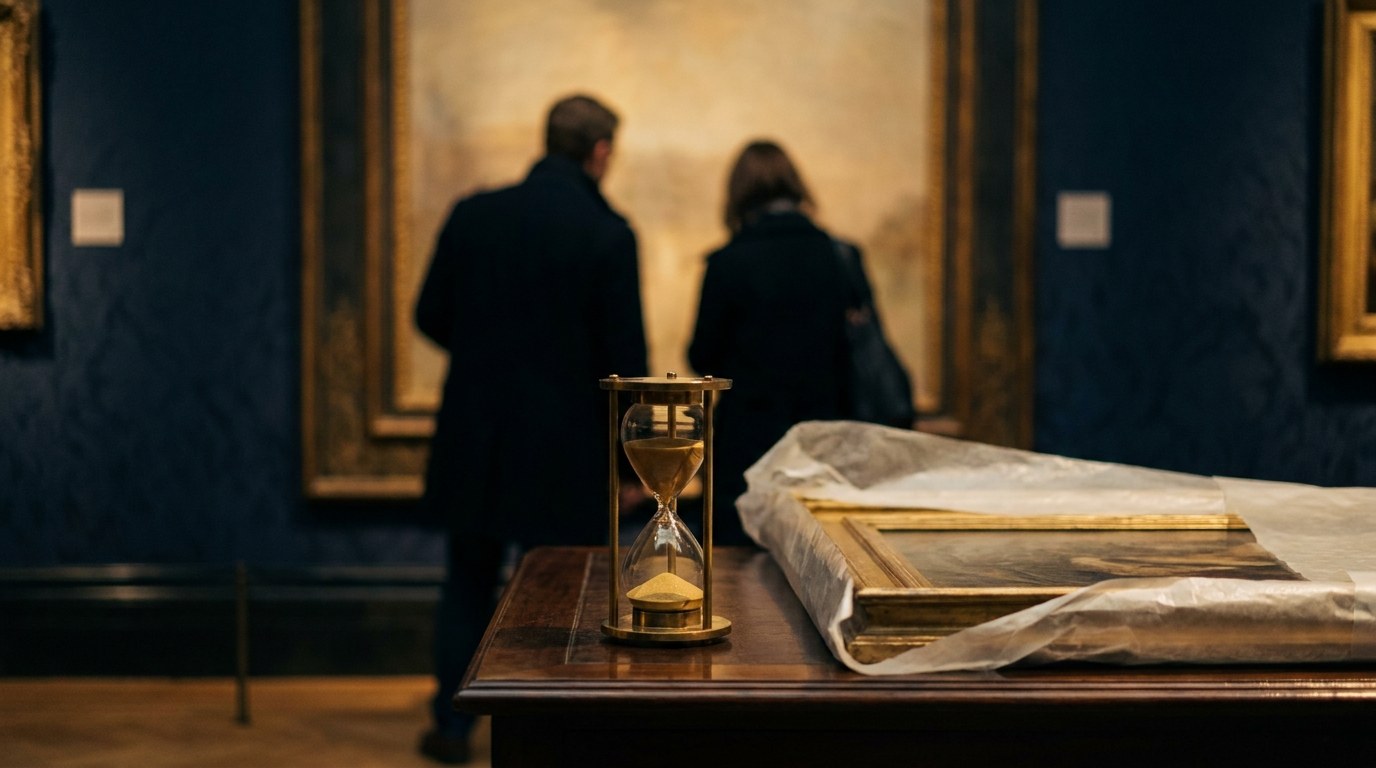 An hourglass running low beside a wrapped framed artwork in a navy gallery as collectors deliberate a time-sensitive purchase