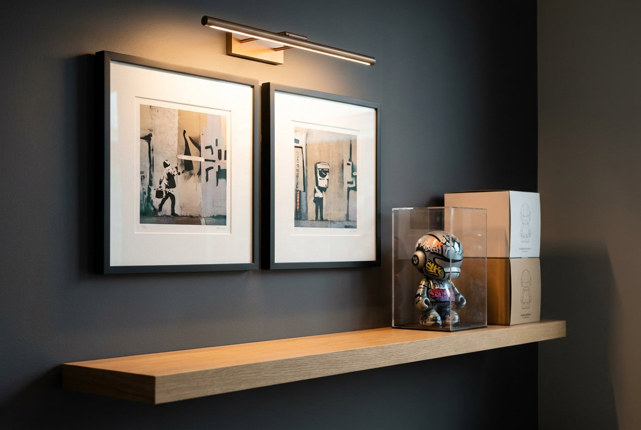 Framed street-art prints above a UV-protected designer figure case on a modern gallery shelf