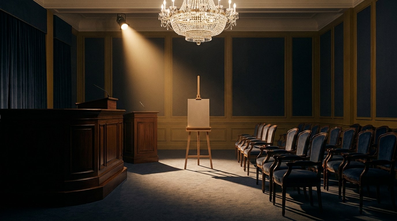 An elegant auction saleroom with a wooden rostrum and a spotlit empty easel