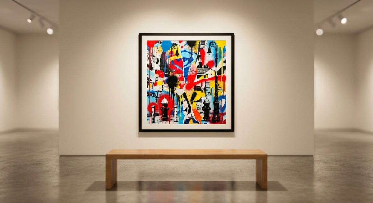 Framed Mr. Brainwash-style pop-art print displayed in an elegant gallery setting