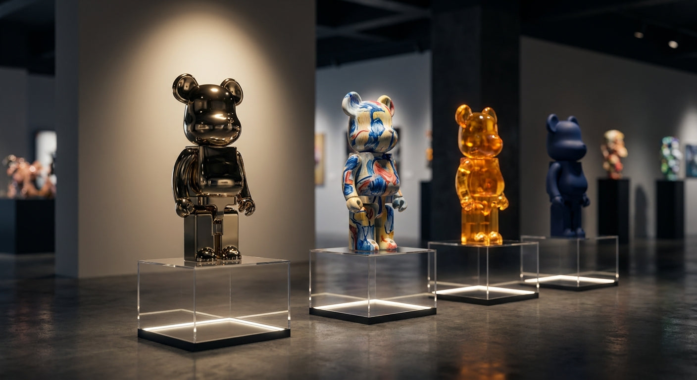 Premium limited-edition BE@RBRICK-style designer collectible figures displayed as investment pieces on illuminated pedestals in an elegant gallery