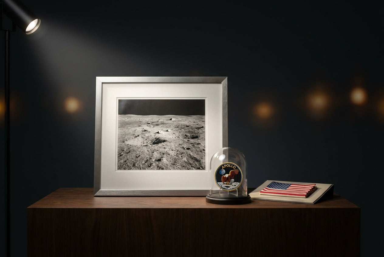 Framed Apollo lunar-surface photograph, embroidered Apollo mission patch under a glass dome, and a folded flag arranged as an authenticated space-memorabilia collector display