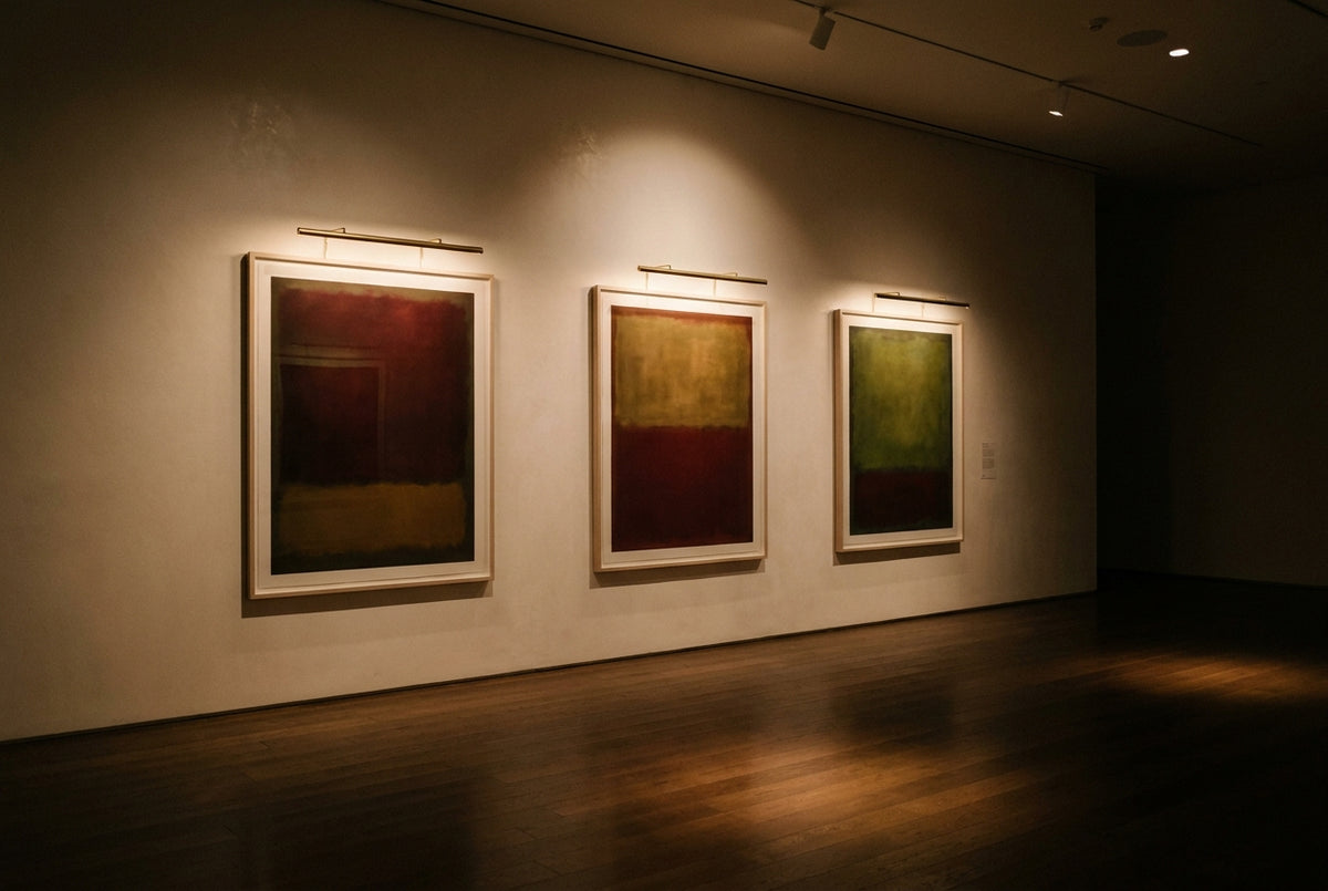 Three framed contemporary art prints on a dark gallery wall at night, each lit by a slim brass picture light with a warm, glare-free wash