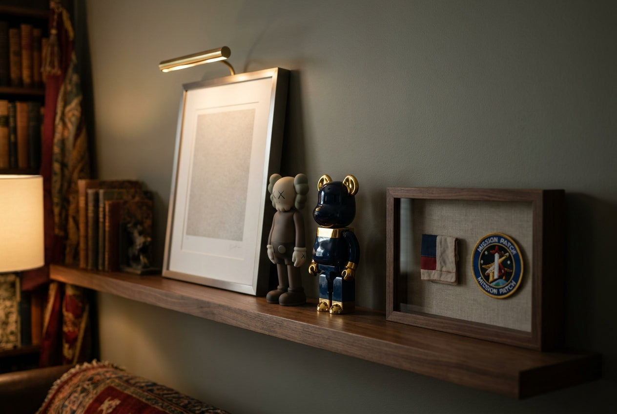 A collector's shelf with a framed screenprint, art figures, and framed space memorabilia
