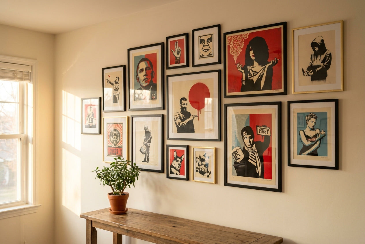 A warm salon-style gallery wall of affordable framed street-art prints