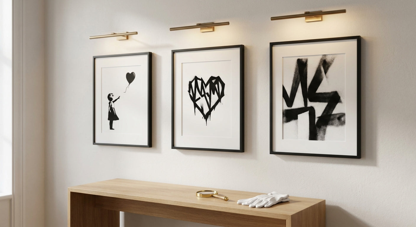 Framed Banksy-style stencil prints on a gallery wall