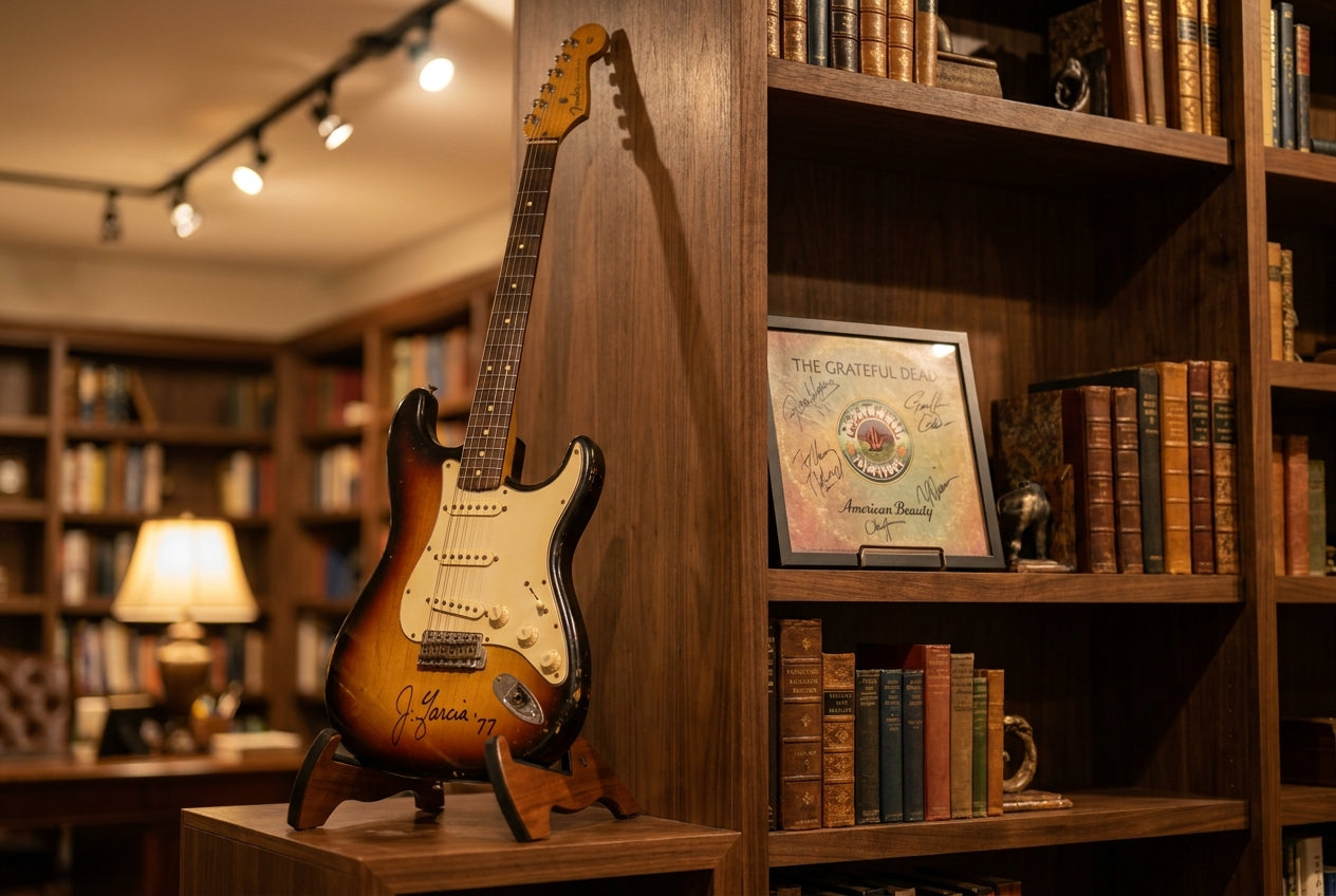 Signed electric guitar on a stand beside a framed signed album in an elegant collector's study