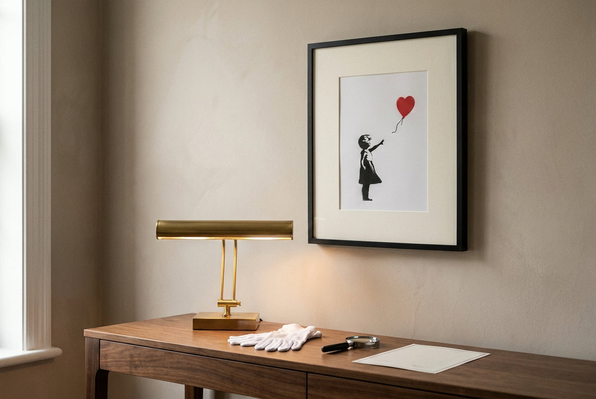 Framed Banksy-style stencil print with a red heart balloon in a refined collector's study, beside a brass picture light, curator's gloves, a loupe, and a certificate.