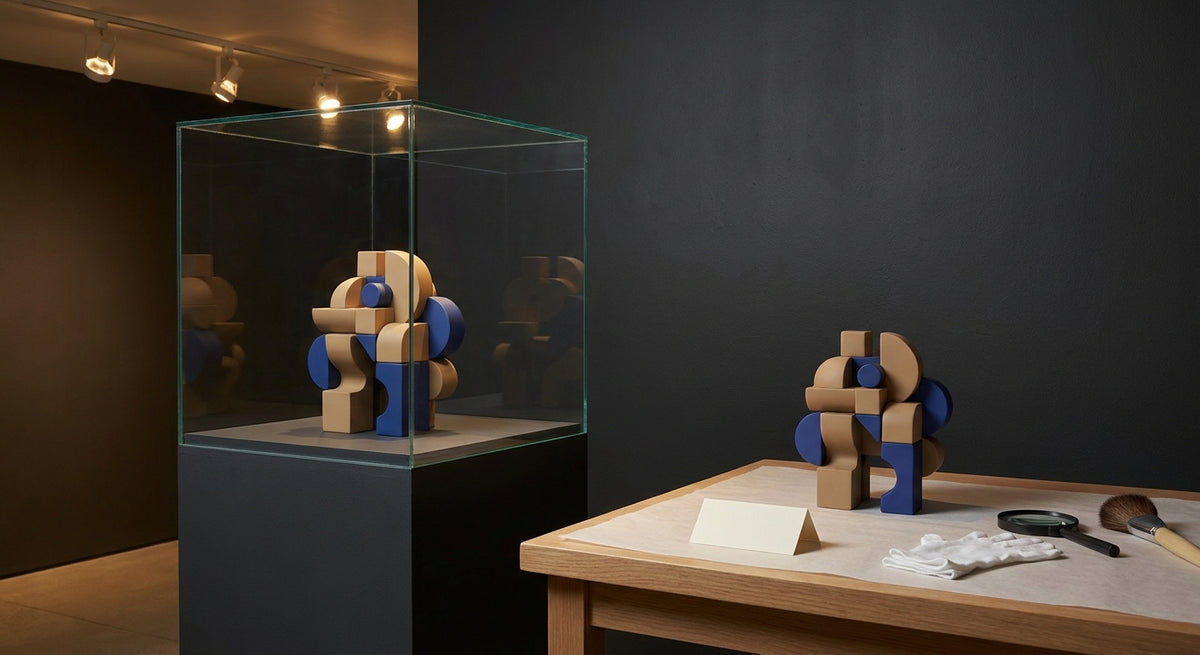 A generic modular collectible displayed in a glass case beside an inspection table