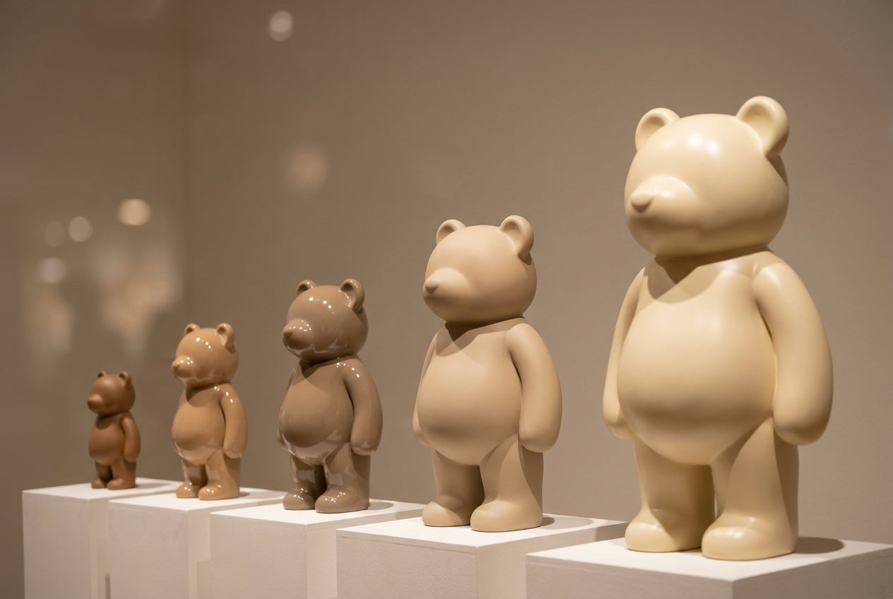 Collectible bear art-toy figures in graduated sizes on gallery pedestals