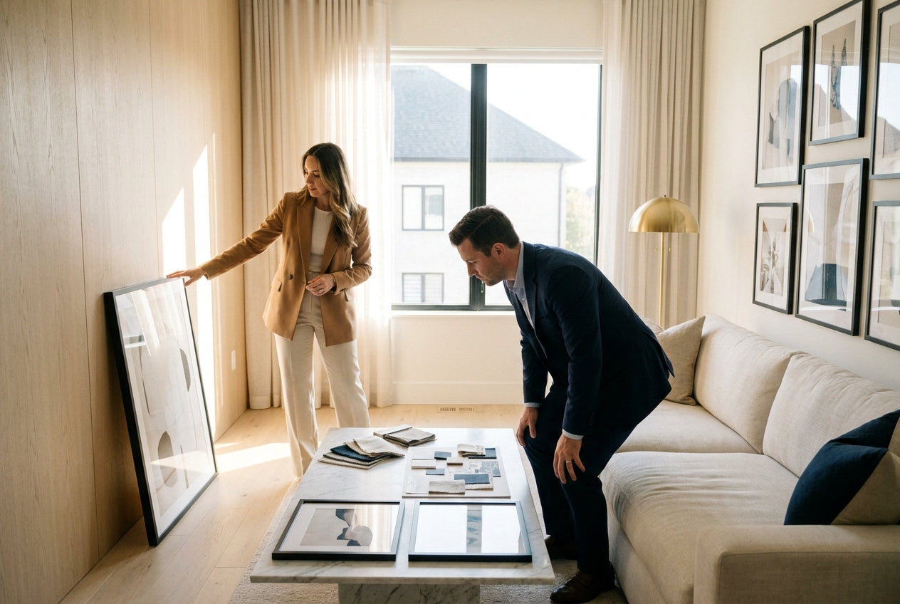 Interior designer and client reviewing framed contemporary art prints in a sunlit modern living room