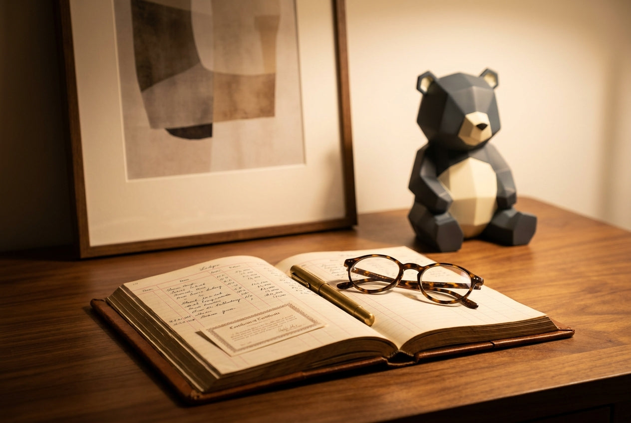 Framed contemporary art print and a designer art figure beside an open inventory and appraisal ledger on a walnut desk