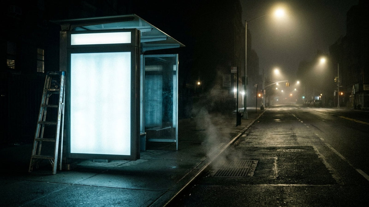 Empty New York City bus shelter at 3am with glowing ad panel and ladder — the subverted ad era of KAWS subway drawings