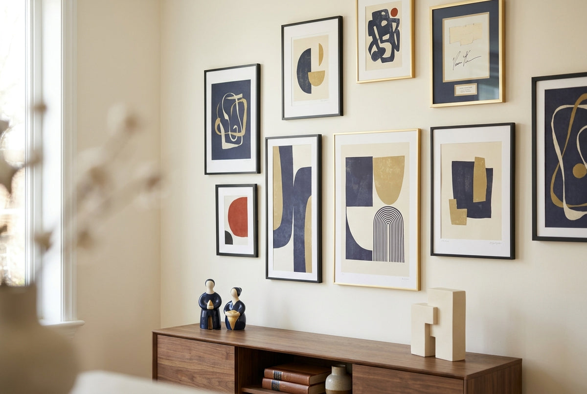 A cohesive contemporary art collection on a gallery wall with framed pop-art prints, art figures on a walnut console, and framed memorabilia unified in navy, gold, cream, and red
