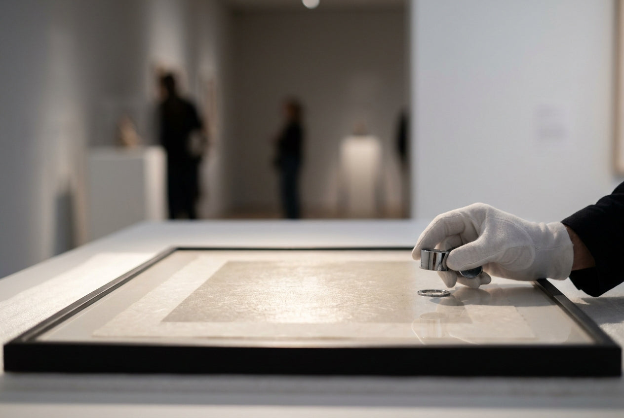 A framed fine-art screen print examined under raking light with a jeweler's loupe on a conservation table