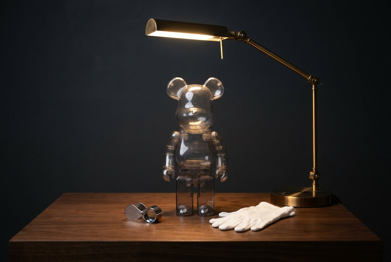 BE@RBRICK-style collectible figure under an inspection lamp with a loupe and curator gloves